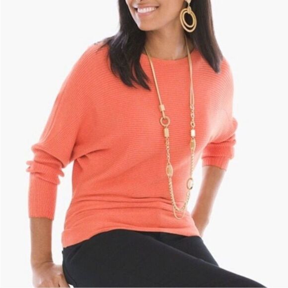 Chico's Women Orange Coral Metallic Ribbed Banteau 3/4 Sleeve Sweater Sz 2 Large - Picture 2 of 7
